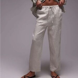 Mango Grey 100% Linen High Waist Tapered Leg Cropped Casual Pull On Pants